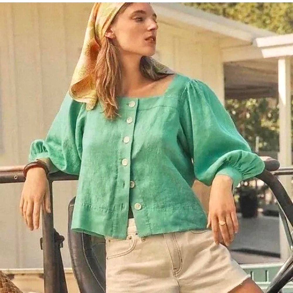 J. Crew Green Button-Front Linen Top
